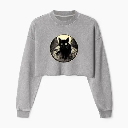 Tokyo-Tiger Waiting Black Cat Washed Crop Sweatshirt