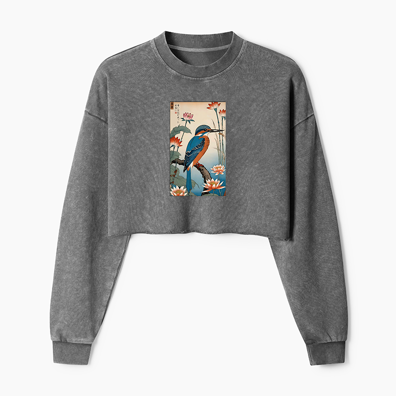 Tokyo-Tiger Ukiyo-e Kingfisher Washed Crop Sweatshirt