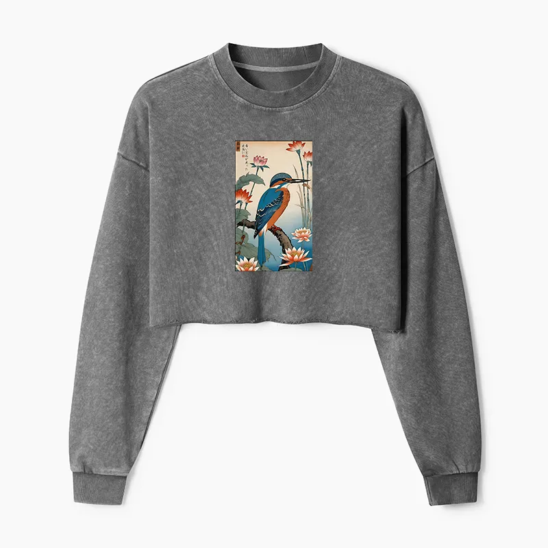 Tokyo-Tiger Ukiyo-e Kingfisher Washed Crop Sweatshirt