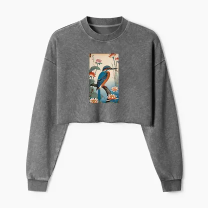Tokyo-Tiger Ukiyo-e Kingfisher Washed Crop Sweatshirt