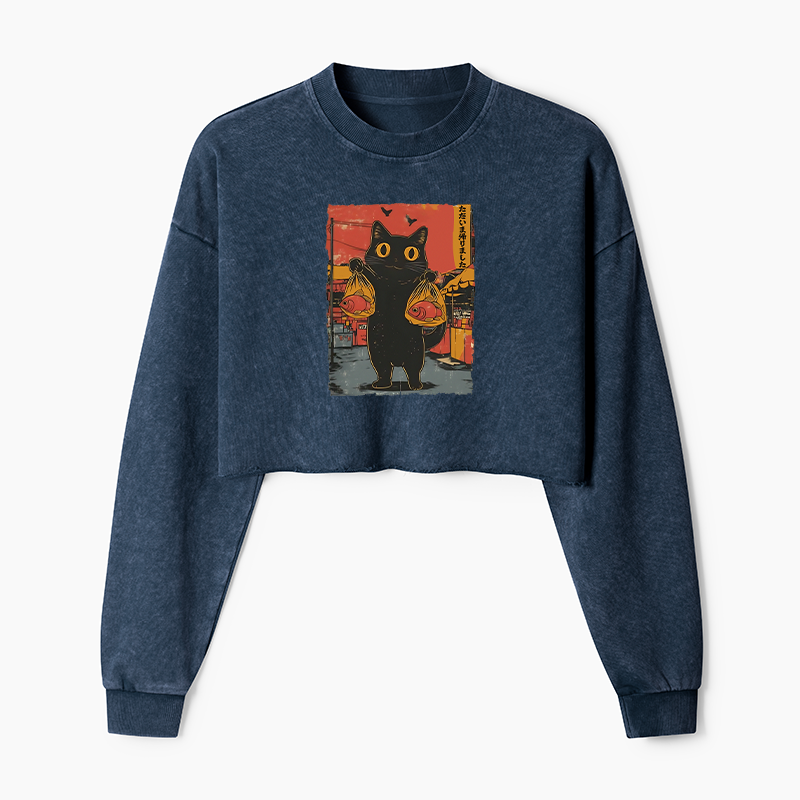 Tokyo-Tiger Cat Fishing Japanese Washed Crop Sweatshirt
