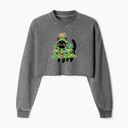 Tokyo-Tiger Christmas Tree Cat Washed Crop Sweatshirt