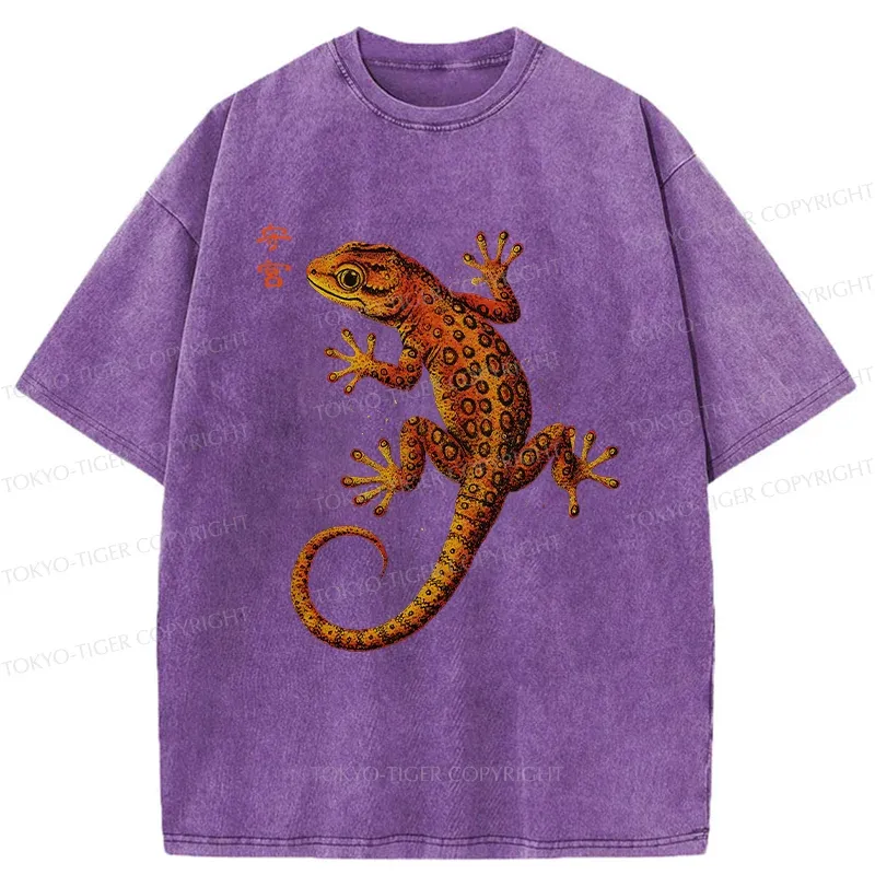 Tokyo-Tiger Retro Gecko Funny Washed T-Shirt