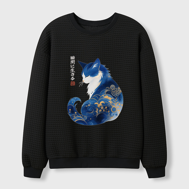 Tokyo-Tiger Retro Zen Cat: Living the Present Waffle Sweatshirt