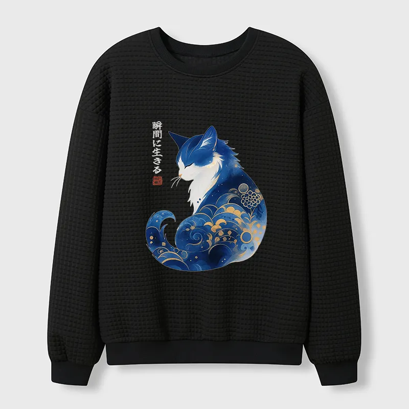 Tokyo-Tiger Retro Zen Cat: Living the Present Waffle Sweatshirt