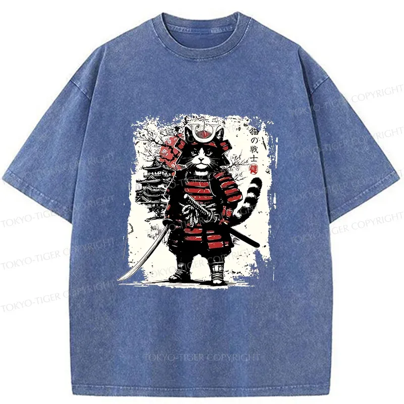 Tokyo-Tiger Retro Cat Japanese Samurai Washed T-Shirt
