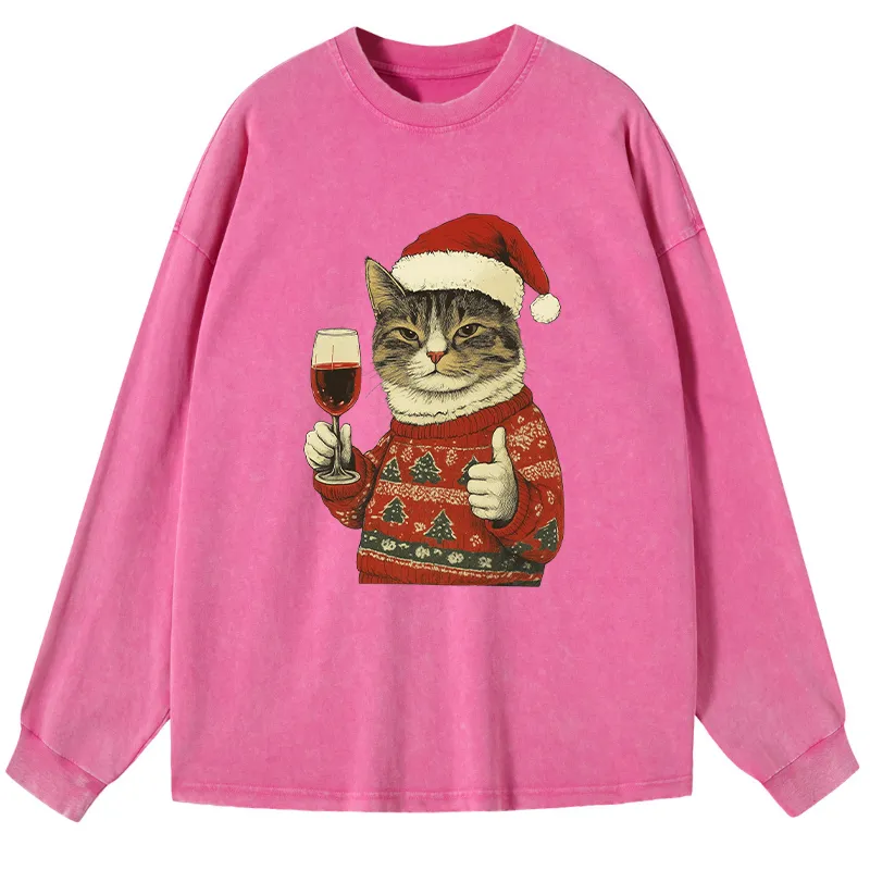 Tokyo-Tiger Christmas Cat Likes Washed Long Sleeve T-Shirt
