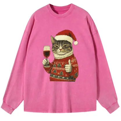 Tokyo-Tiger Christmas Cat Likes Washed Long Sleeve T-Shirt