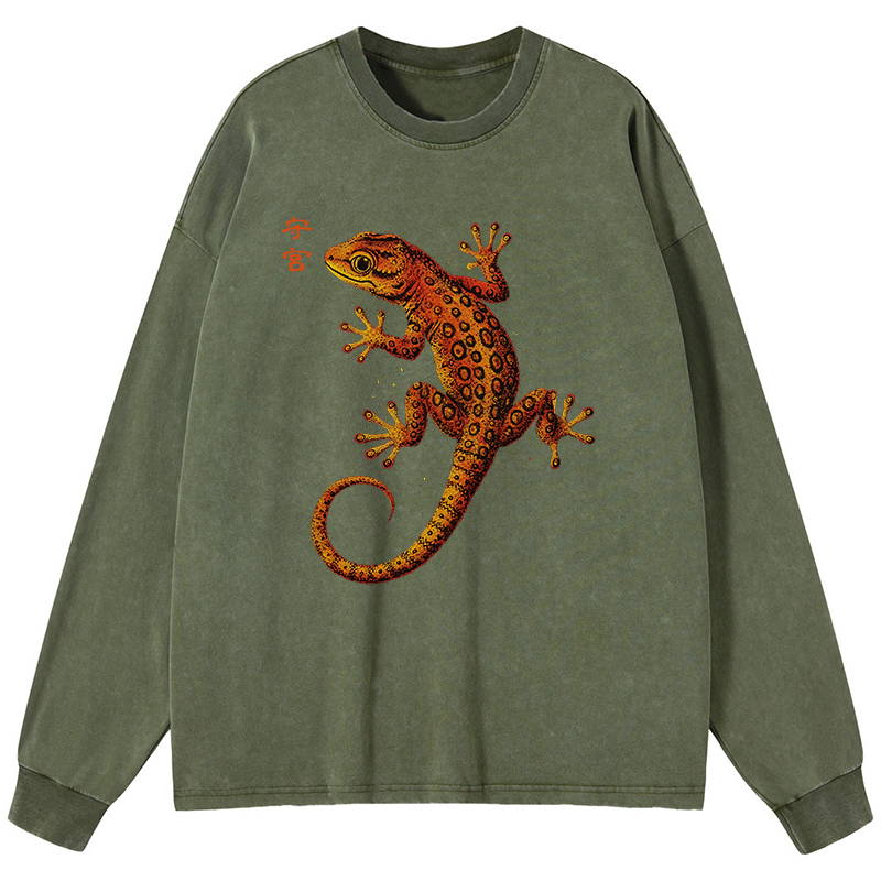 Tokyo-Tiger Retro Gecko Funny Washed Long Sleeve T-Shirt