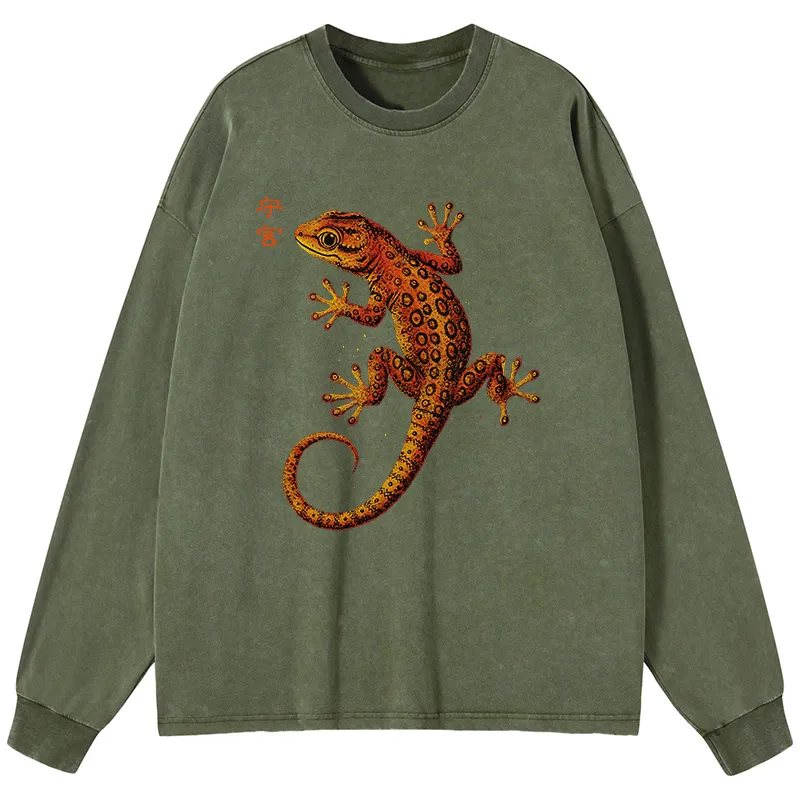 Tokyo-Tiger Retro Gecko Funny Washed Long Sleeve T-Shirt