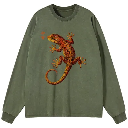 Tokyo-Tiger Retro Gecko Funny Washed Long Sleeve T-Shirt