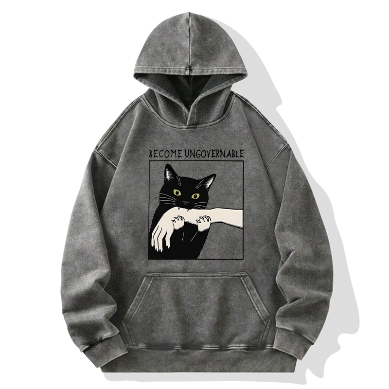 Tokyo-Tiger Black Cat Biting Washed Hoodie