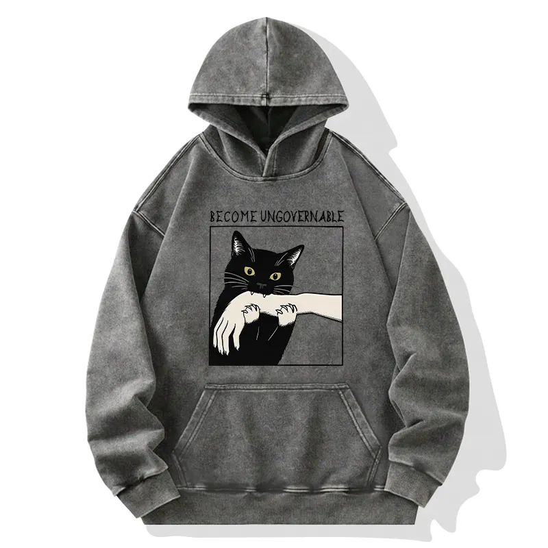 Tokyo-Tiger Black Cat Biting Washed Hoodie
