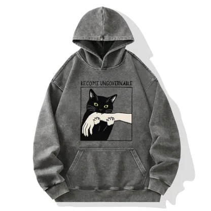 Tokyo-Tiger Black Cat Biting Washed Hoodie