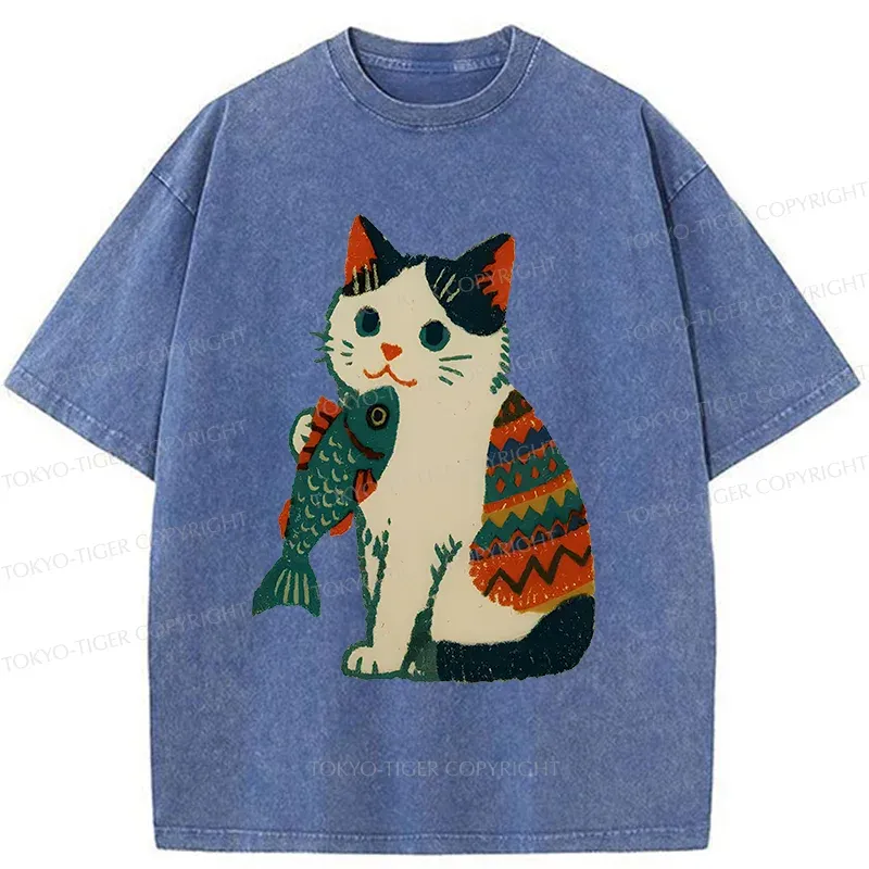 Tokyo-Tiger Retro Kitten Catching Fish Washed T-Shirt