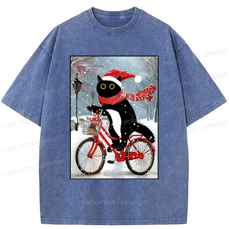 Tokyo-Tiger Black Cat Riding A Bicycle Washed T-Shirt