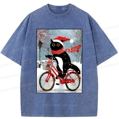Tokyo-Tiger Black Cat Riding A Bicycle Washed T-Shirt