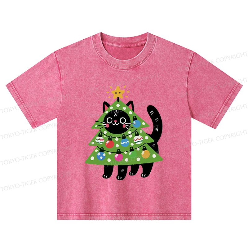 Tokyo-Tiger Christmas Tree Cat Kids Washed T-Shirt