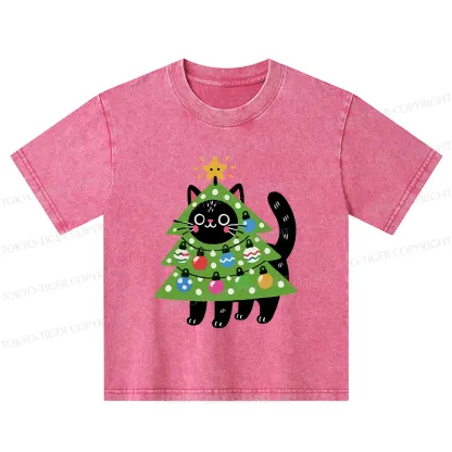 Tokyo-Tiger Christmas Tree Cat Kids Washed T-Shirt