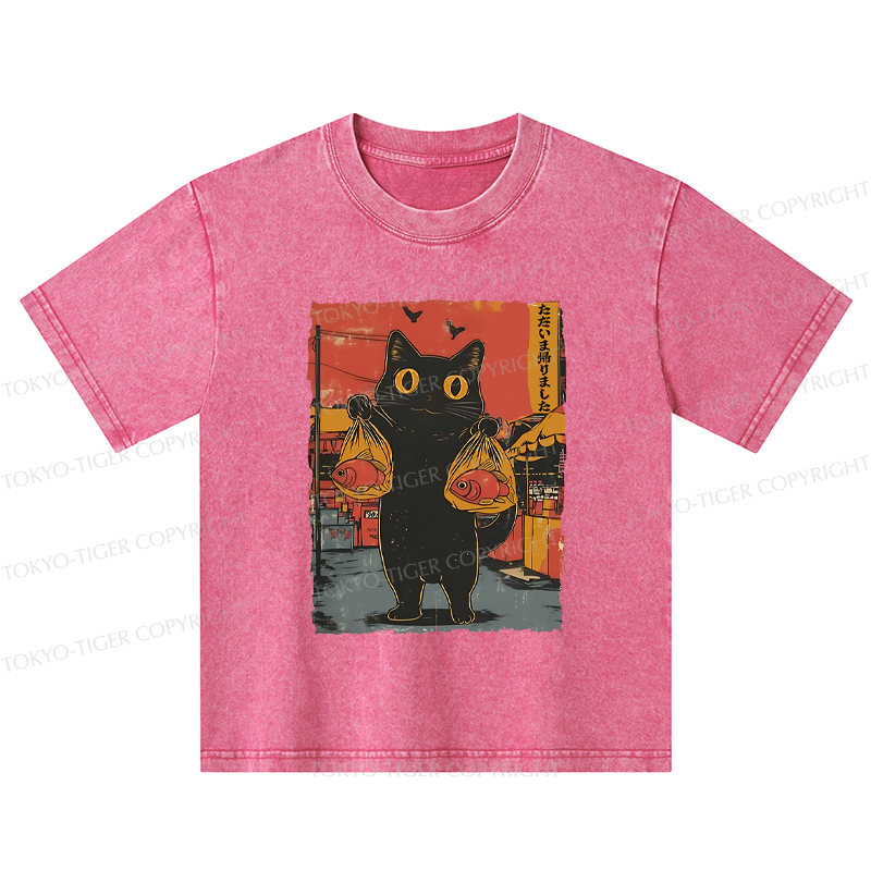 Tokyo-Tiger Cat Fishing Japanese Kids Washed T-Shirt