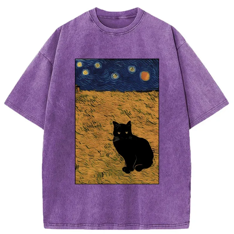 Tokyo-Tiger Cat In The Field Under Starry Sky Washed T-Shirt