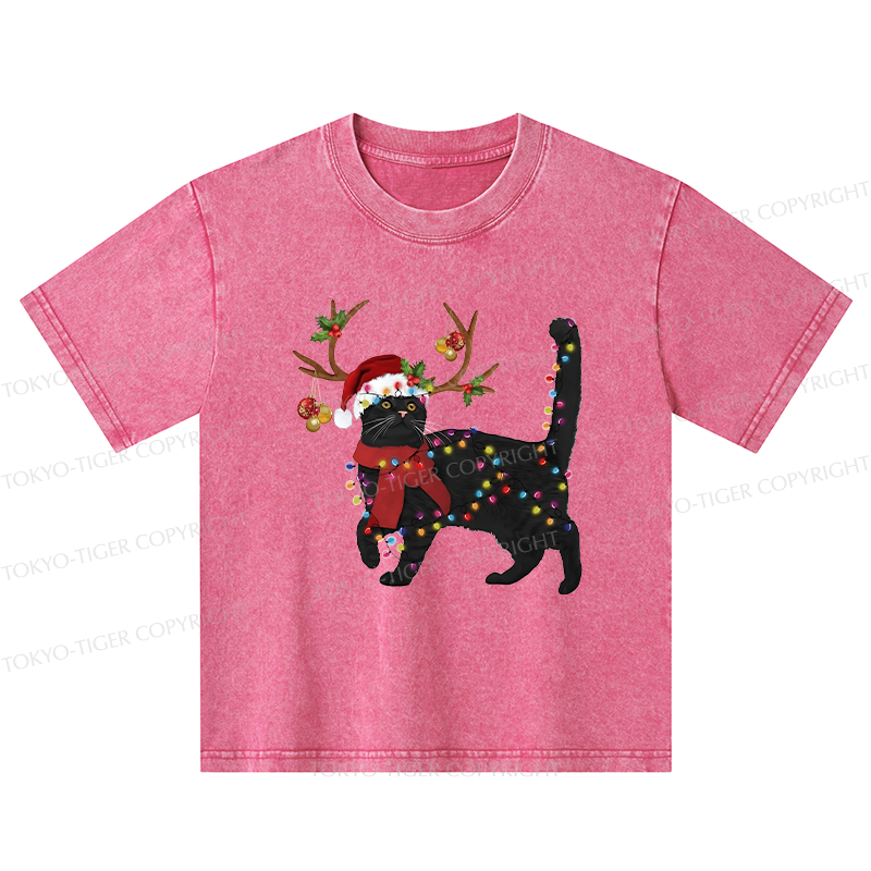 Tokyo-Tiger Christmas Black Cat Kids Washed T-Shirt