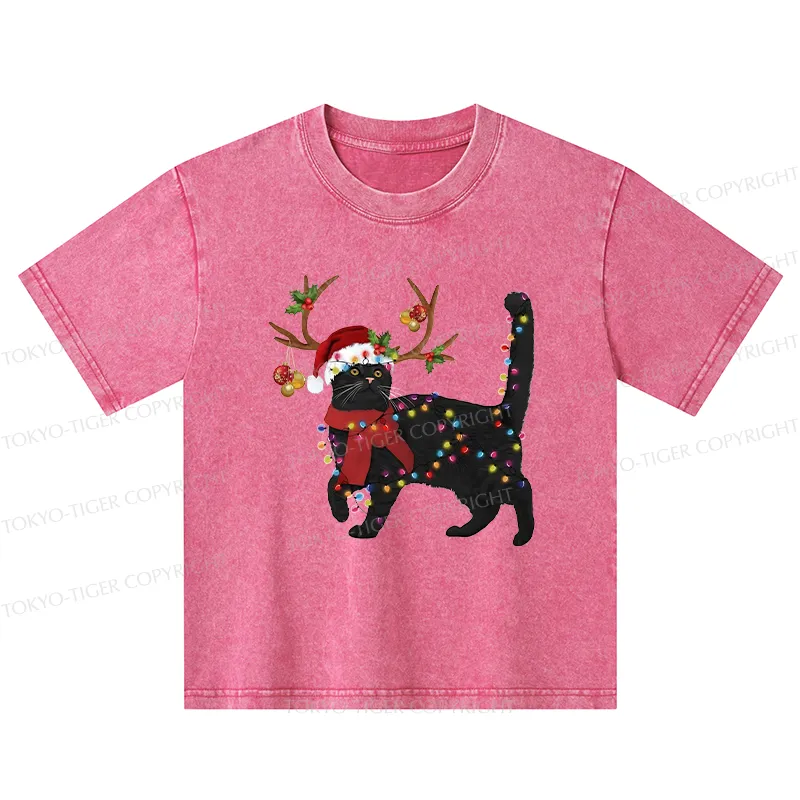 Tokyo-Tiger Christmas Black Cat Kids Washed T-Shirt