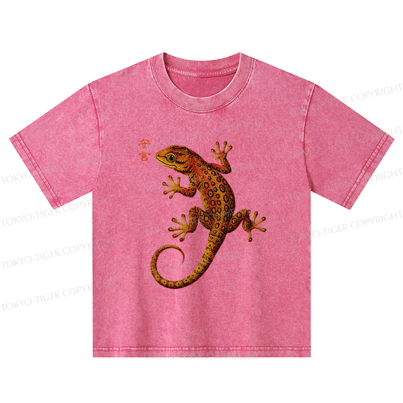 Tokyo-Tiger Retro Gecko Funny Kids Washed T-Shirt