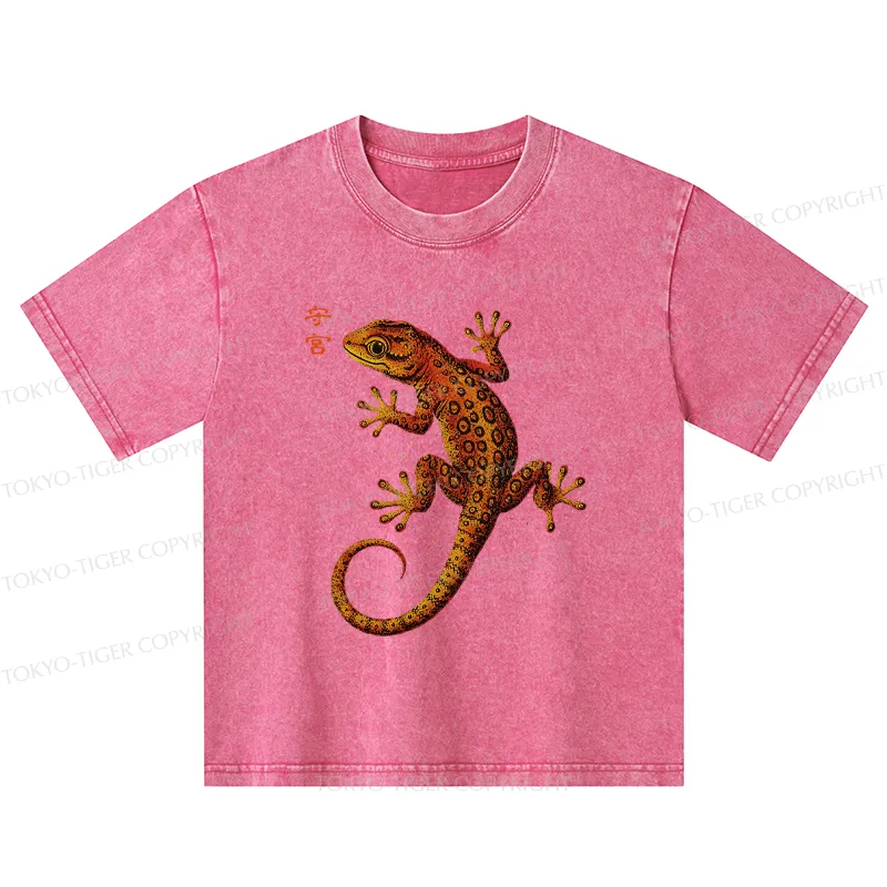 Tokyo-Tiger Retro Gecko Funny Kids Washed T-Shirt