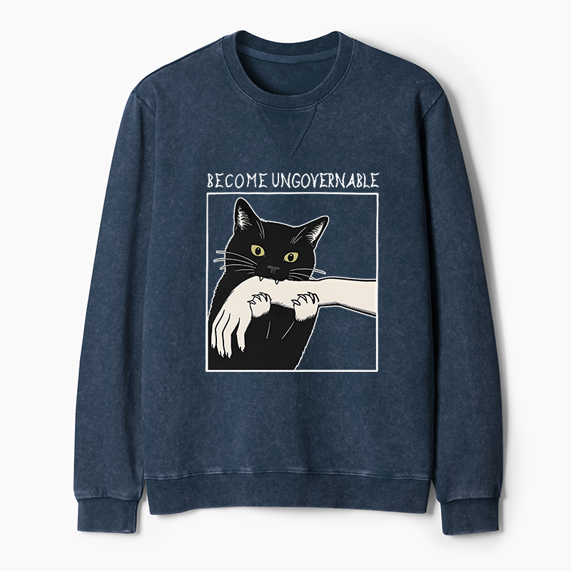 Tokyo-Tiger Black Cat Biting Washed Terry Sweatshirt