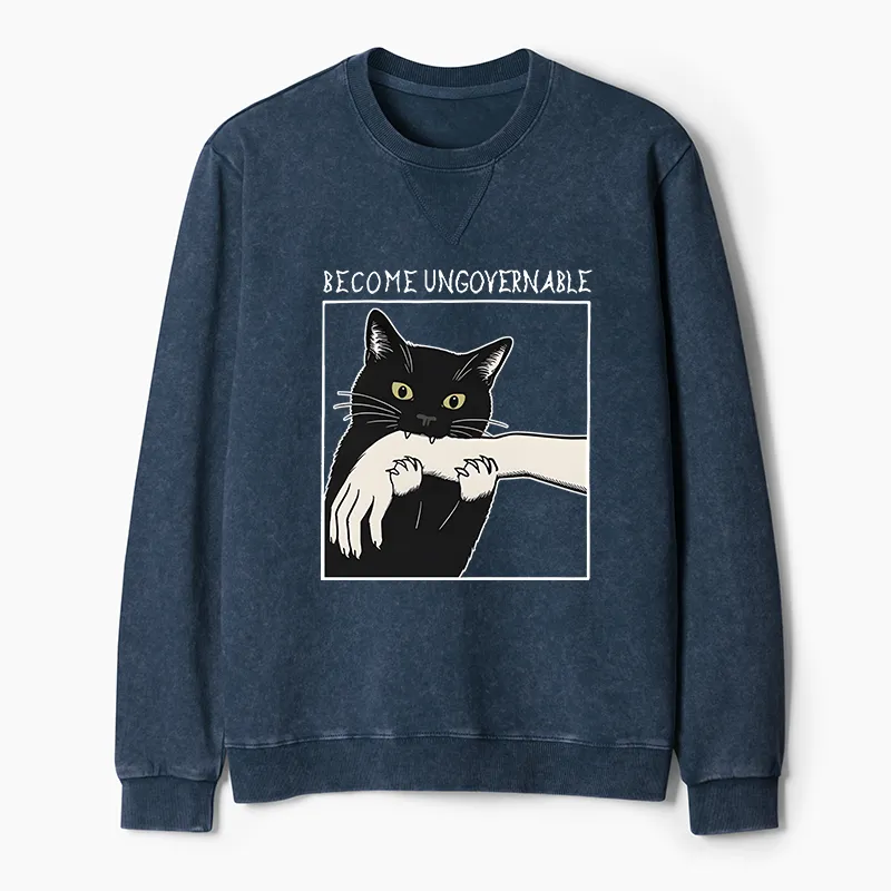 Tokyo-Tiger Black Cat Biting Washed Terry Sweatshirt