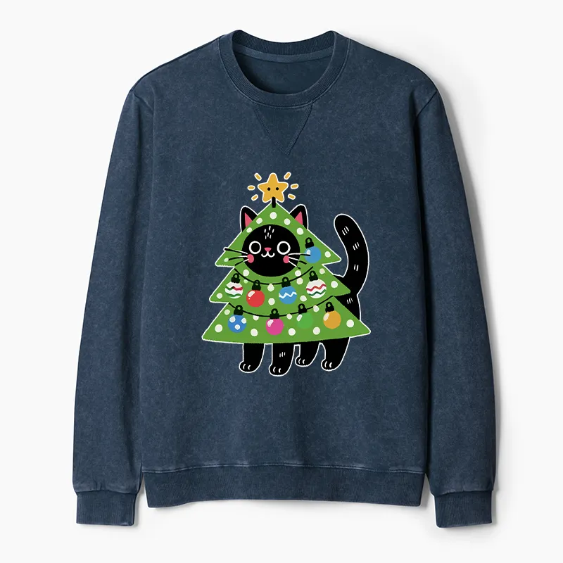 Tokyo-Tiger Christmas Tree Cat Washed Terry Sweatshirt