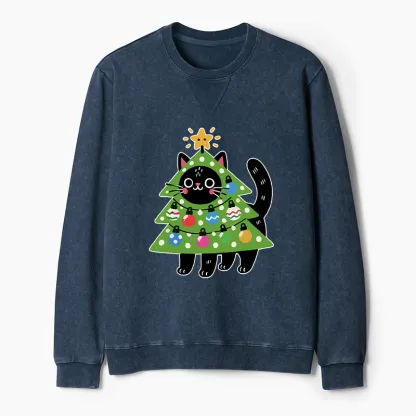 Tokyo-Tiger Christmas Tree Cat Washed Terry Sweatshirt