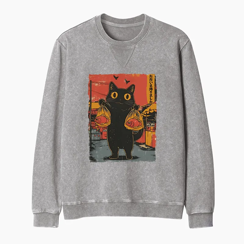 Tokyo-Tiger Cat Fishing Japanese Washed Terry Sweatshirt