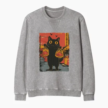 Tokyo-Tiger Cat Fishing Japanese Washed Terry Sweatshirt