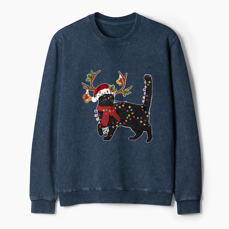 Tokyo-Tiger Christmas Black Cat Washed Terry Sweatshirt