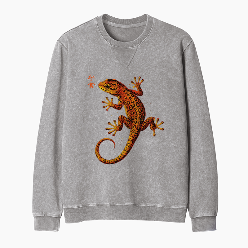 Tokyo-Tiger Retro Gecko Funny Washed Terry Sweatshirt