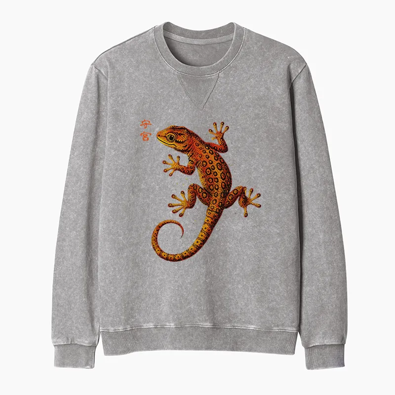 Tokyo-Tiger Retro Gecko Funny Washed Terry Sweatshirt