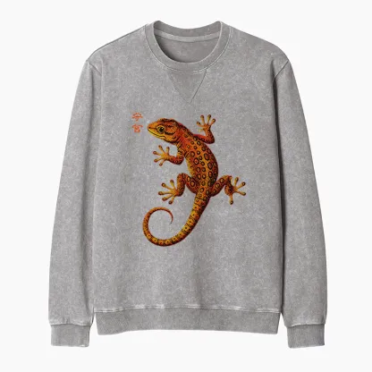Tokyo-Tiger Retro Gecko Funny Washed Terry Sweatshirt