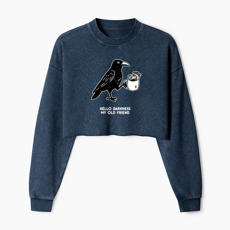 Tokyo-Tiger Crow Drinking Black Coffee Funny Washed Crop Sweatshirt