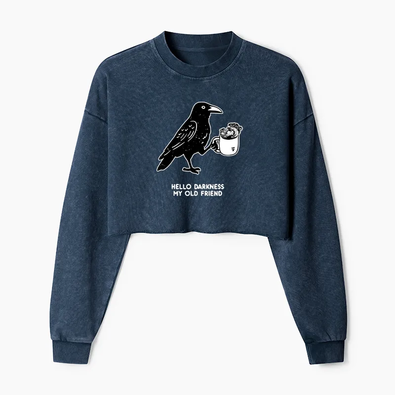 Tokyo-Tiger Crow Drinking Black Coffee Funny Washed Crop Sweatshirt