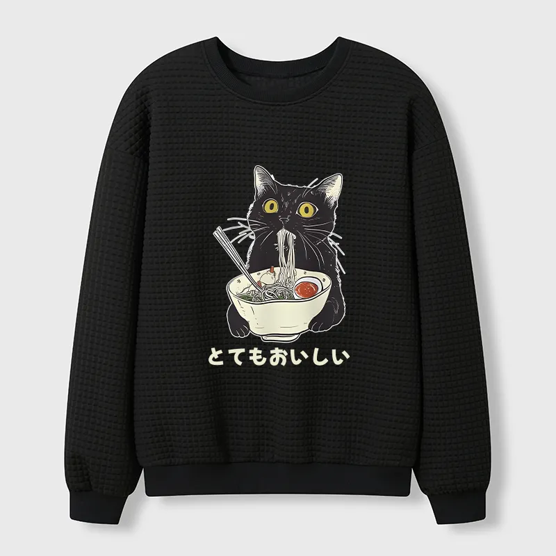 Tokyo-Tiger Cats Eat Ramen Noodles Waffle Sweatshirt