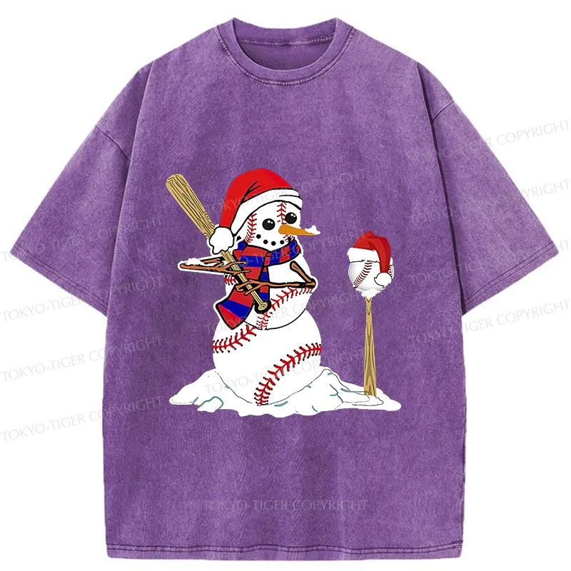 Tokyo-Tiger Snowman Playing Baseball Washed T-Shirt