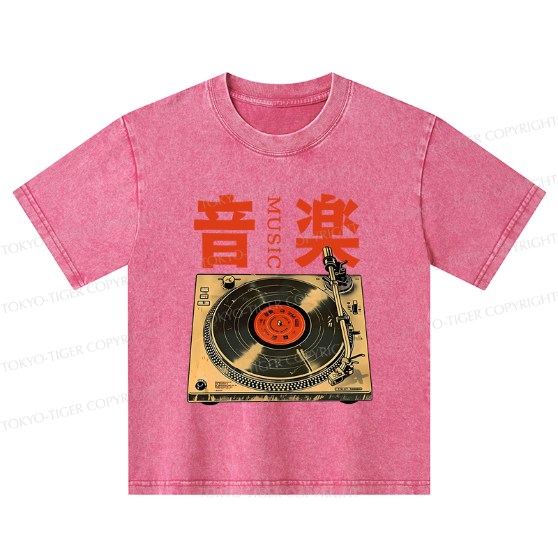 Tokyo-Tiger Retro Music Record Player Kids Washed T-Shirt