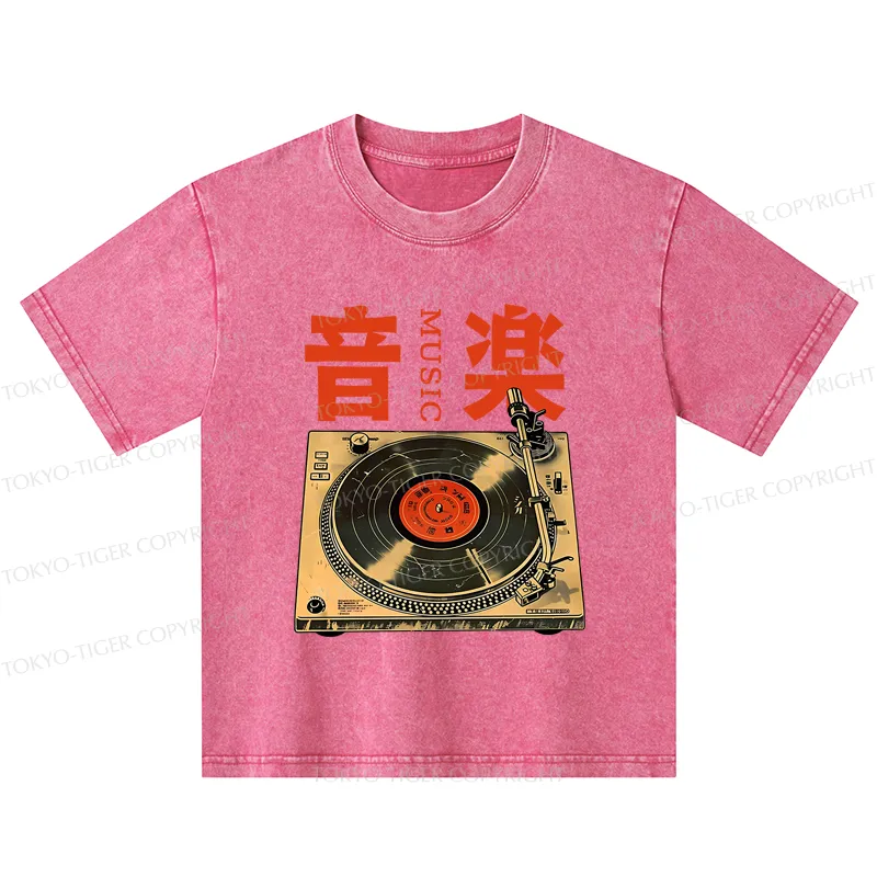 Tokyo-Tiger Retro Music Record Player Kids Washed T-Shirt