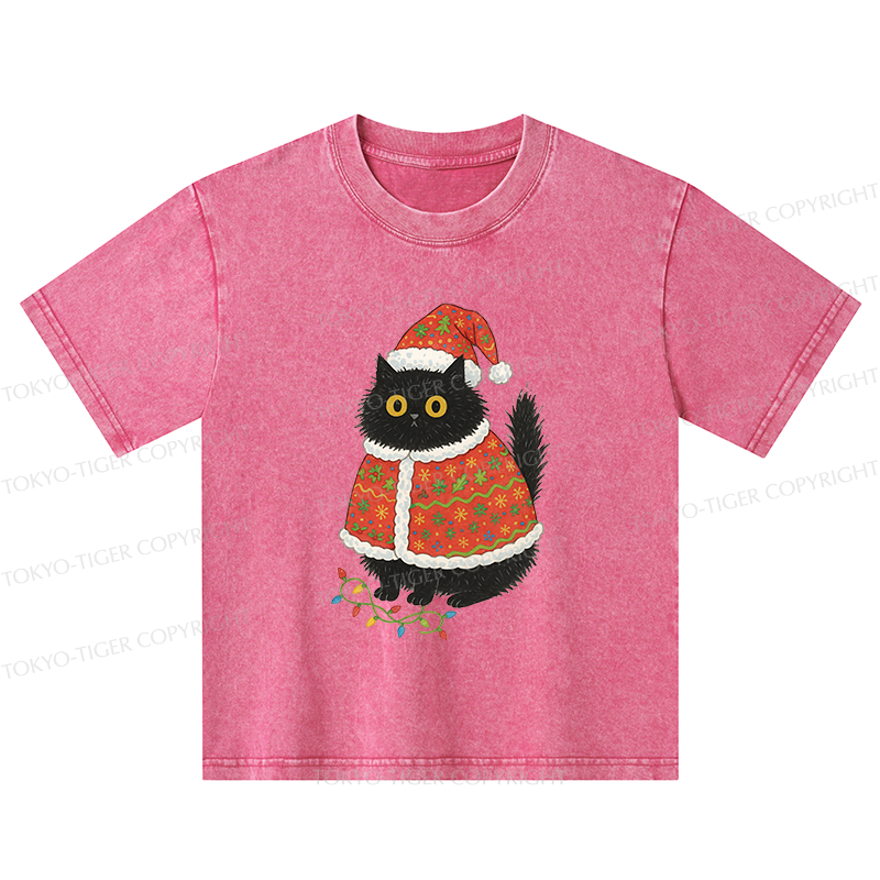 Tokyo-Tiger Cat Wearing Santa Hat Kids Washed T-Shirt