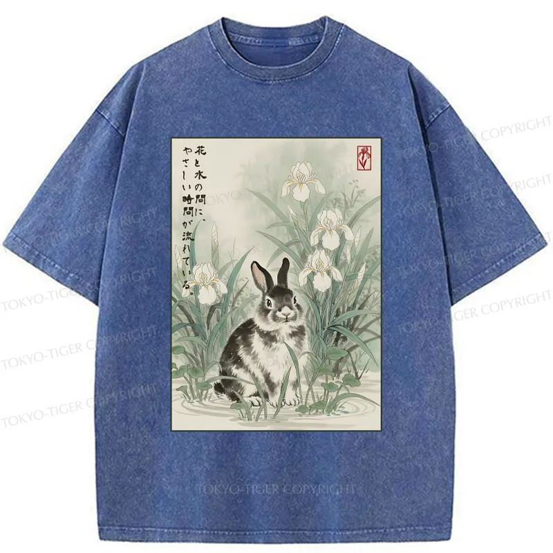 Tokyo-Tiger Little Rabbit Beneath the Blooming Irises Washed T-Shirt