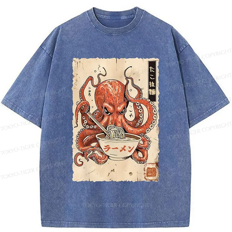 Tokyo-Tiger Retro Octopus Eating Ramen Washed T-Shirt