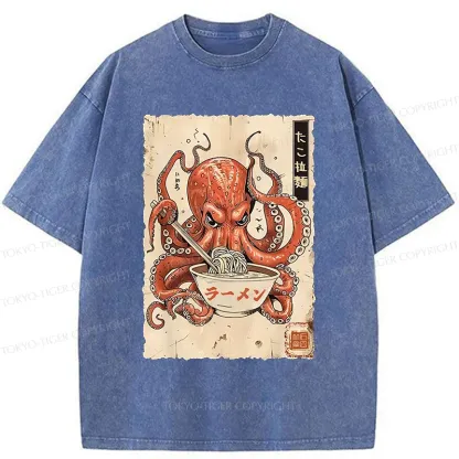 Tokyo-Tiger Retro Octopus Eating Ramen Washed T-Shirt