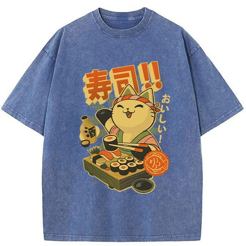 Tokyo-Tiger Cat Chef Special Sushi Washed T-Shirt